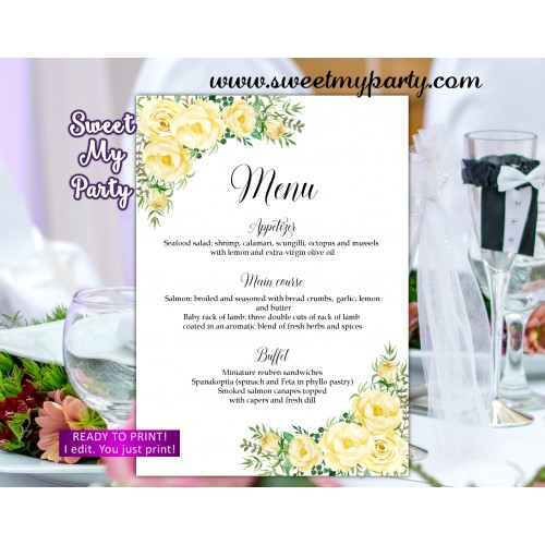 Yellow flowers Wedding Menu, Yellow Flowers Menu card,(110w)